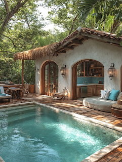 Tropical pool house beside a blue swimming pool with wooden deck seating and lush greenery