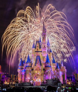 Cinderella Castle illuminated at night with large fireworks overhead