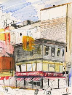 Sketch-style illustration of city buildings with storefront awnings on a street corner