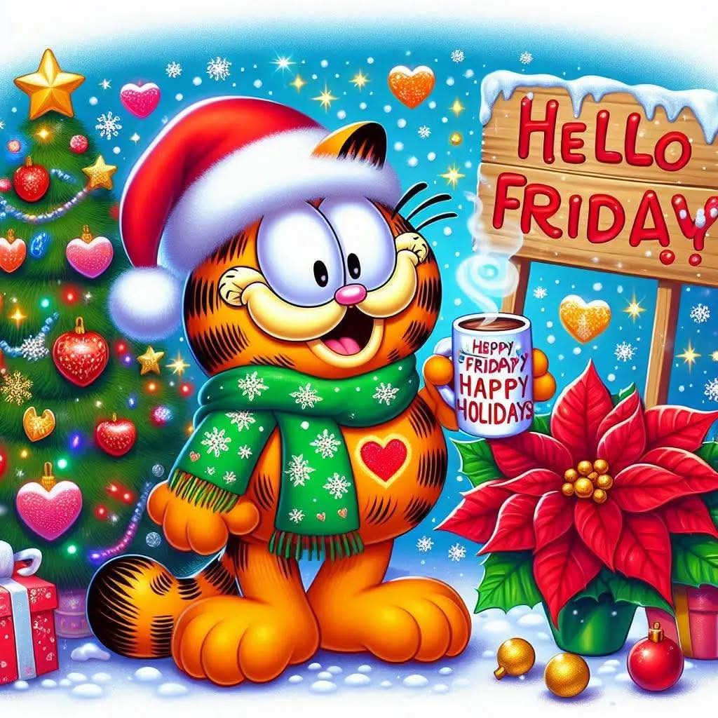 Cheerful cartoon cat in Santa hat with Christmas tree and Hello Friday sign