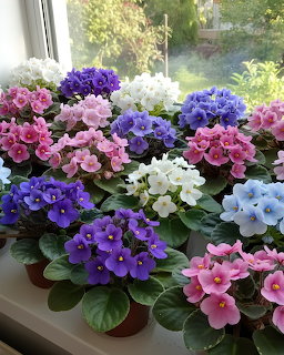 Multiple poted African violet plants with purple, pink, white, and blue flowers on a windowsill