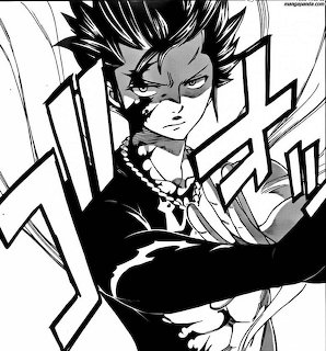 Black and white manga drawing of a spiky-haired male character in an aggressive fighting stance
