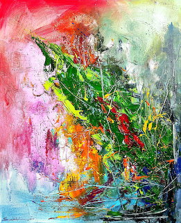 Abstract painting with vibrant pink, green, yellow and blue brushstrokes and paint splatters