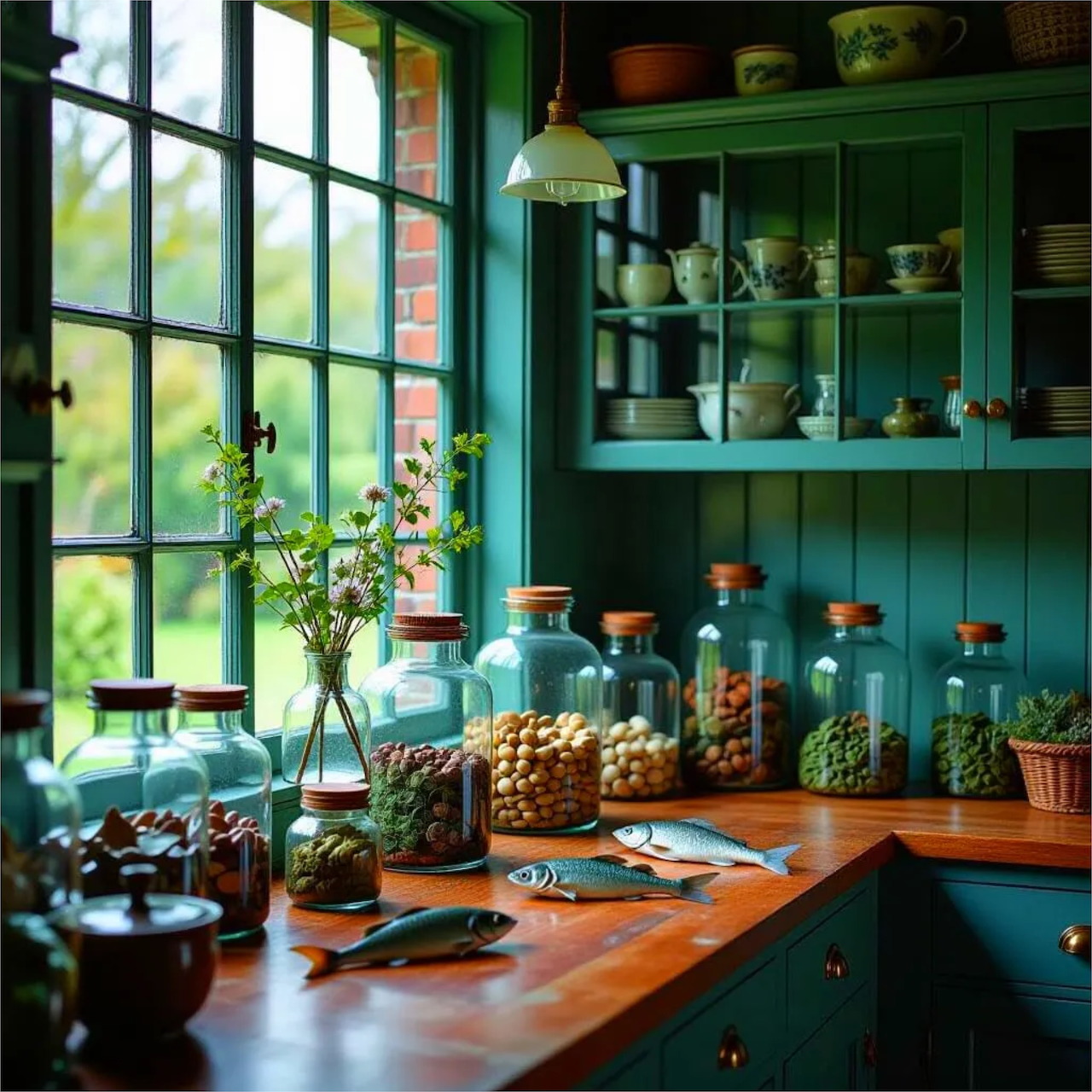 Green kitchen interior with wooden counter, glass jars, herbs, and large windows