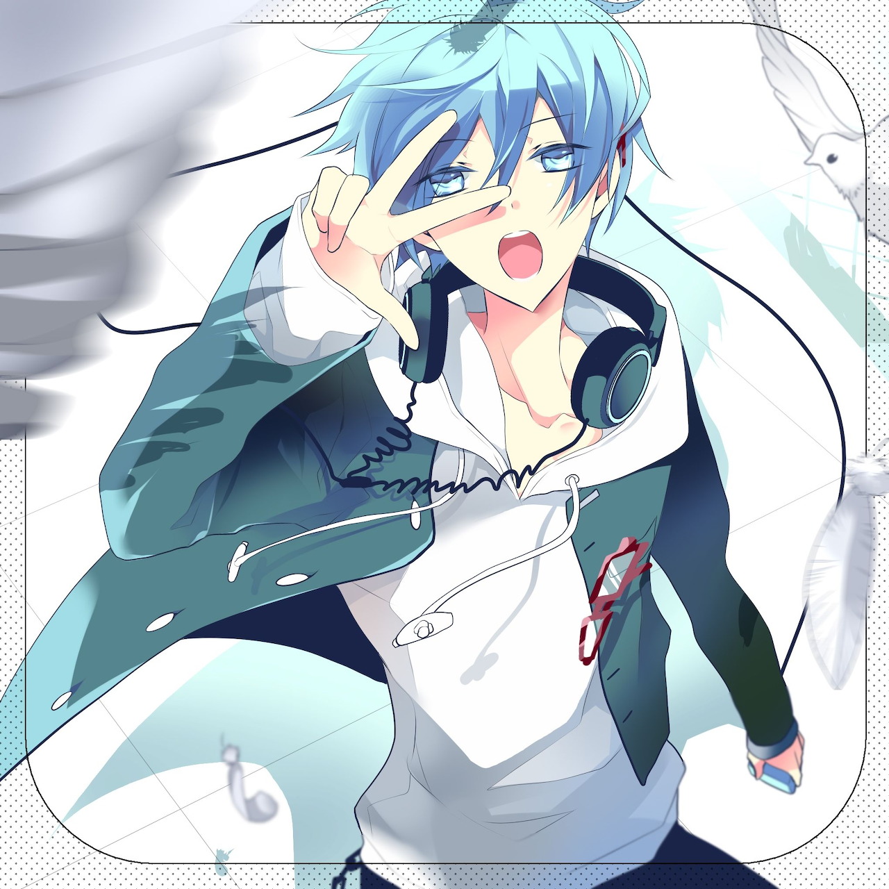 Anime boy with blue hair singing passionately into microphone