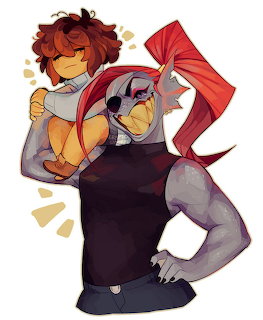 Undertale fanart: Undyne carrying Frisk on her shoulder, colorful illustration style