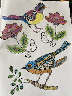 Colorful hand-drawn illustration of two decorative birds with intricate patterns, surrounded by stylized leaves and flowers