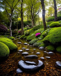 Stepping stones cross a clear stream surrounded by mossy banks, trees and pink flowers in a garden