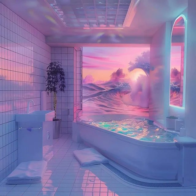 Vaporwave-style bathroom with tiled walls, glowing bathtub, and pink blue sunset outside