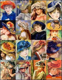 Grid collage of impressionist-style portrait paintings showing faces with decorative hats in warm, soft brushstrokes
