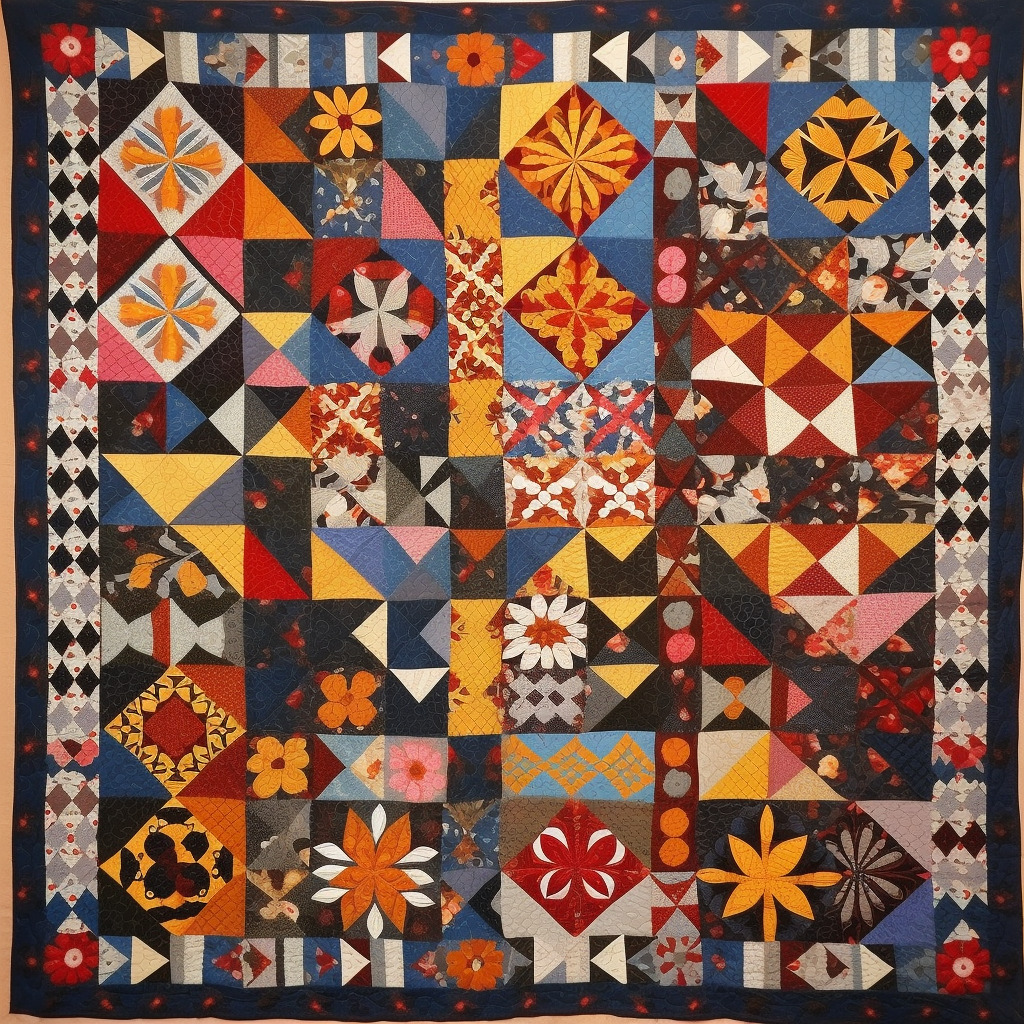 Colorful Pennsylvania Dutch quilt with geometric star and triangle patterns in orange, red, and blue tones
