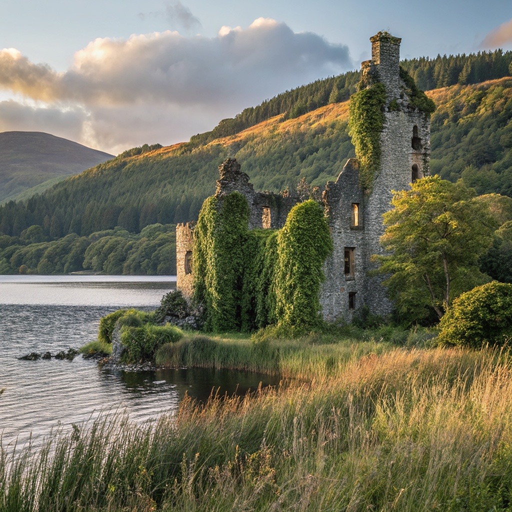 Ivy-covered stone castle ruins beside a loch with reeds and wooded hills in warm evening light