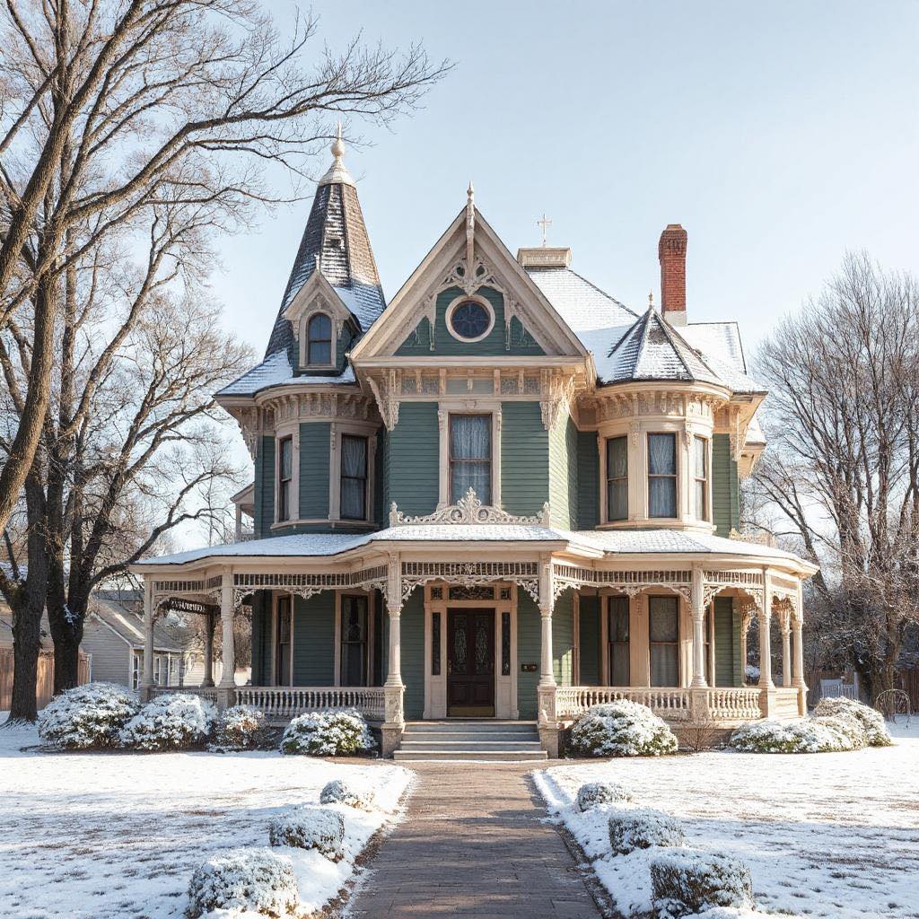 Victorian mansion with ornate details and porch in snow-covered front yard