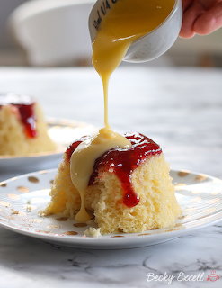 Vanilla sponge cake slice with red jam filling and custard being poured from a small white jug