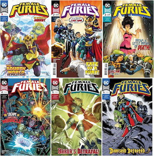 Collage of six DC Female Furies comic book covers with action scenes and comic-style characters