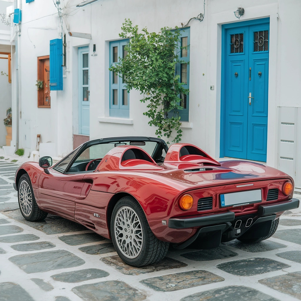 Red convertible sports car parked on a stone street beside white buildings with blue doors