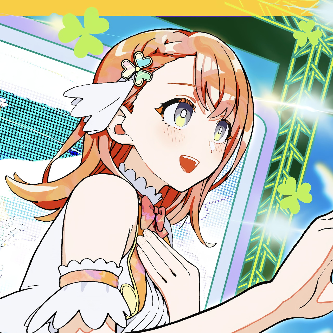 Anime girl with orange hair and green eyes smiling under green leaves with blue sky background
