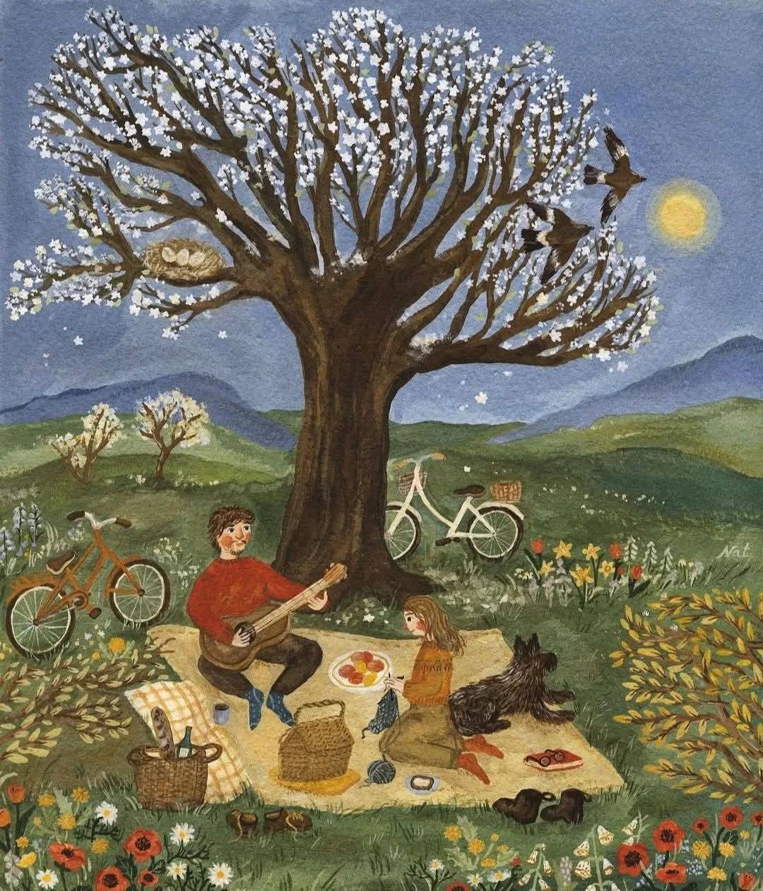 Couple and cat enjoying a picnic beneath a flowering tree in a colorful meadow.