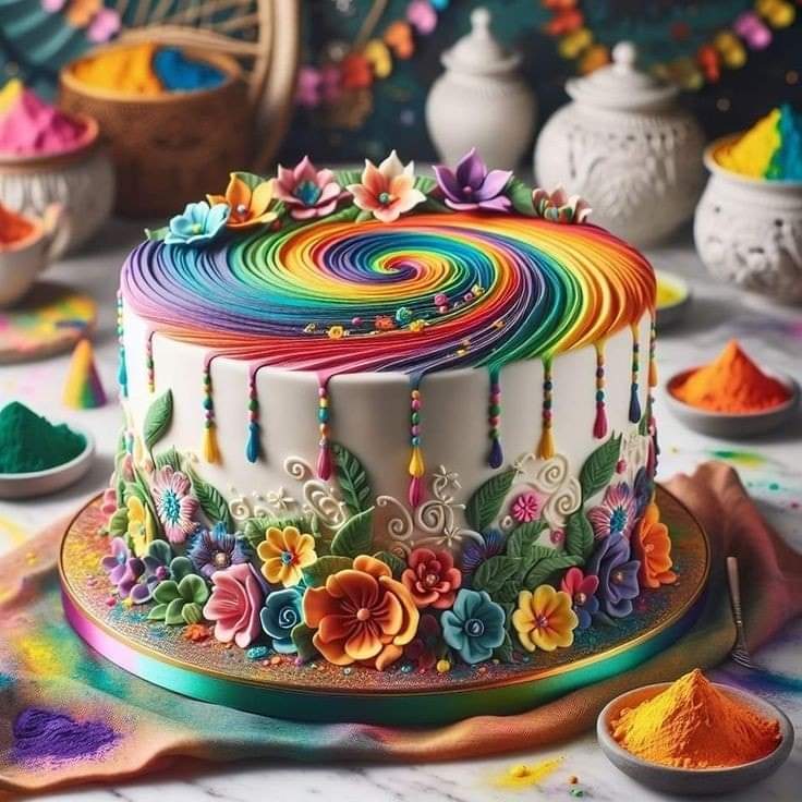 Round cake with rainbow swirl frosting and colorful flower decorations on a decorated table with vibrant powder bowls