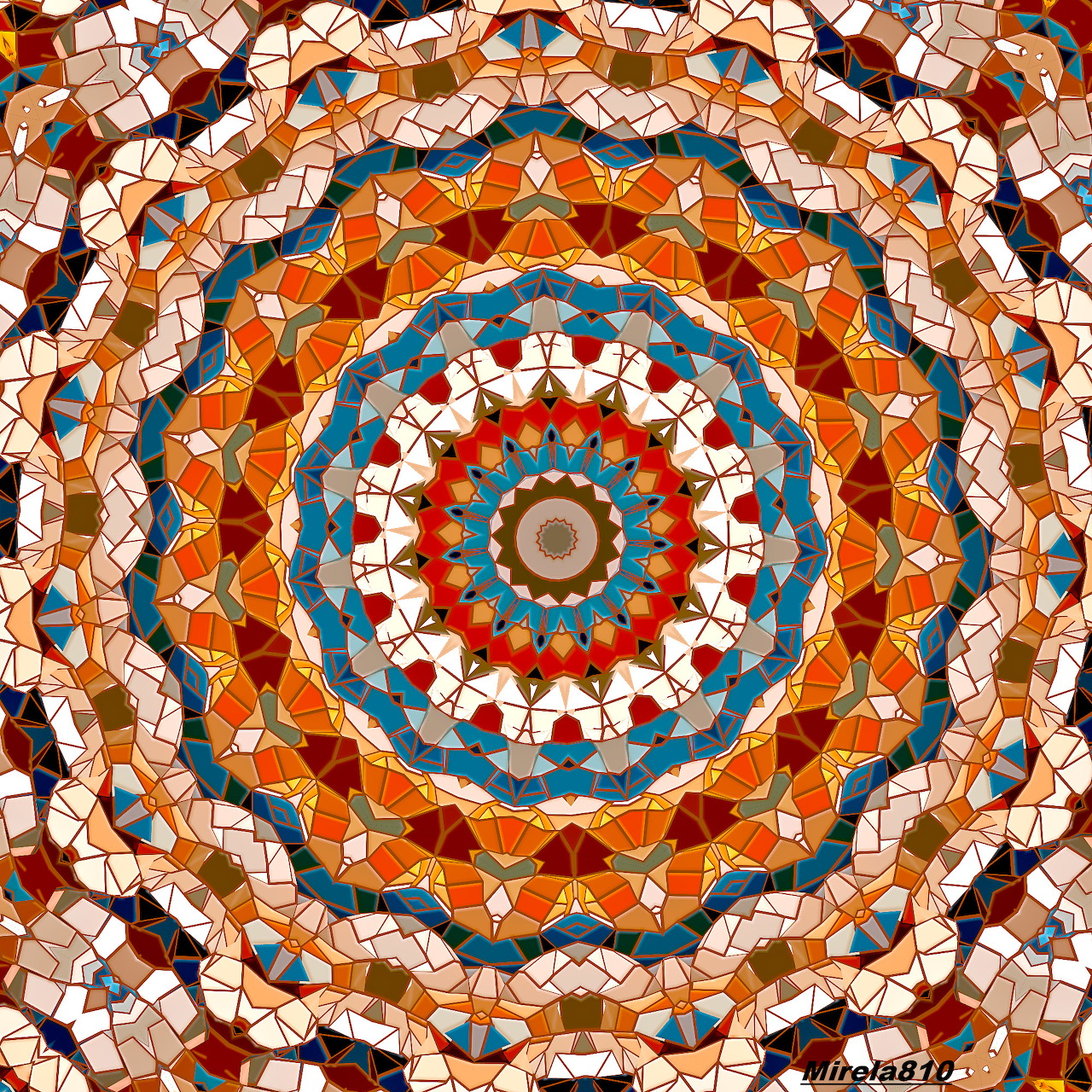 Circular mosaic mandala with concentric rings of orange, blue, brown tiles in symmetric geometric pattern