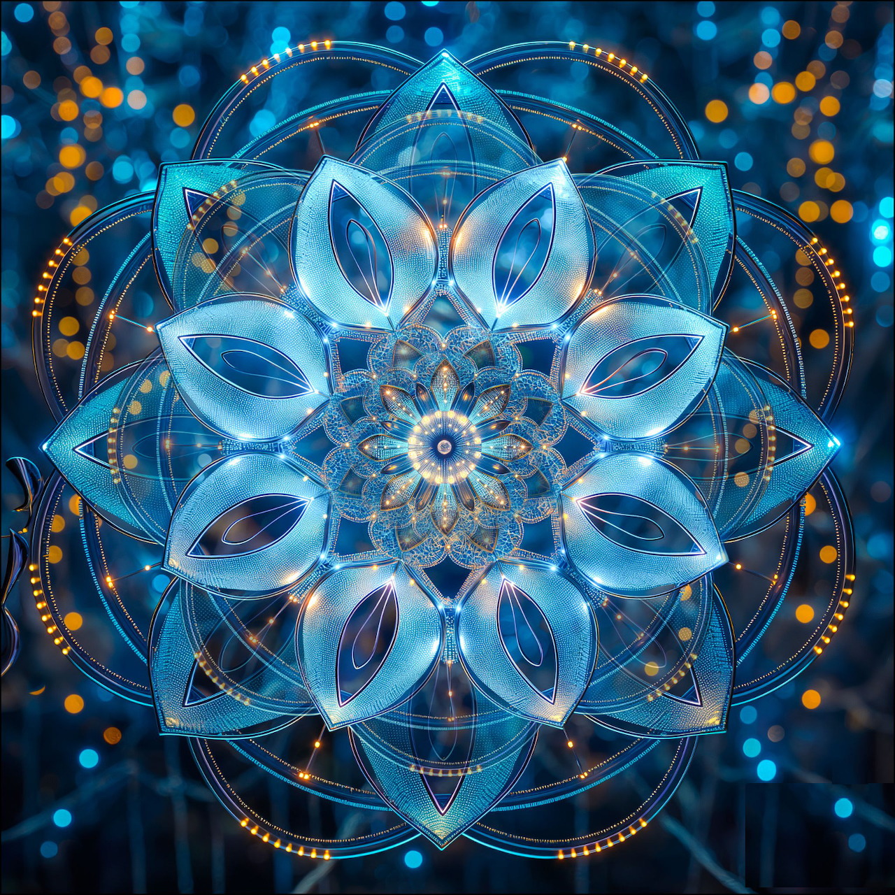 Ornate blue mandala with lotus petals, gold accents, and geometric patterns on dark background with bokeh lights