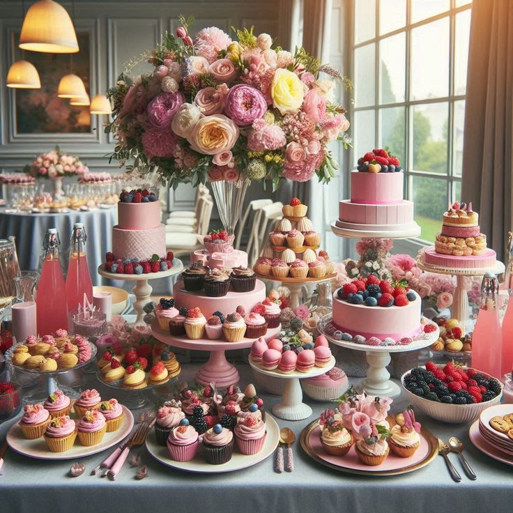 Elegant dessert buffet with pink cakes, pastries, and floral arrangement by window