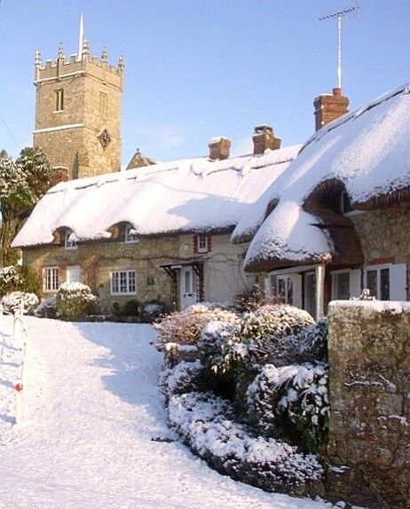 Snow-covered thatched cottage with stone church tower in English village on sunny winter day