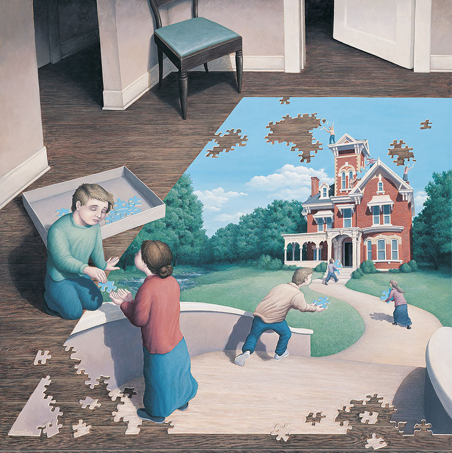 Surreal painting of people assembling a giant floor puzzle that reveals a house and garden scene