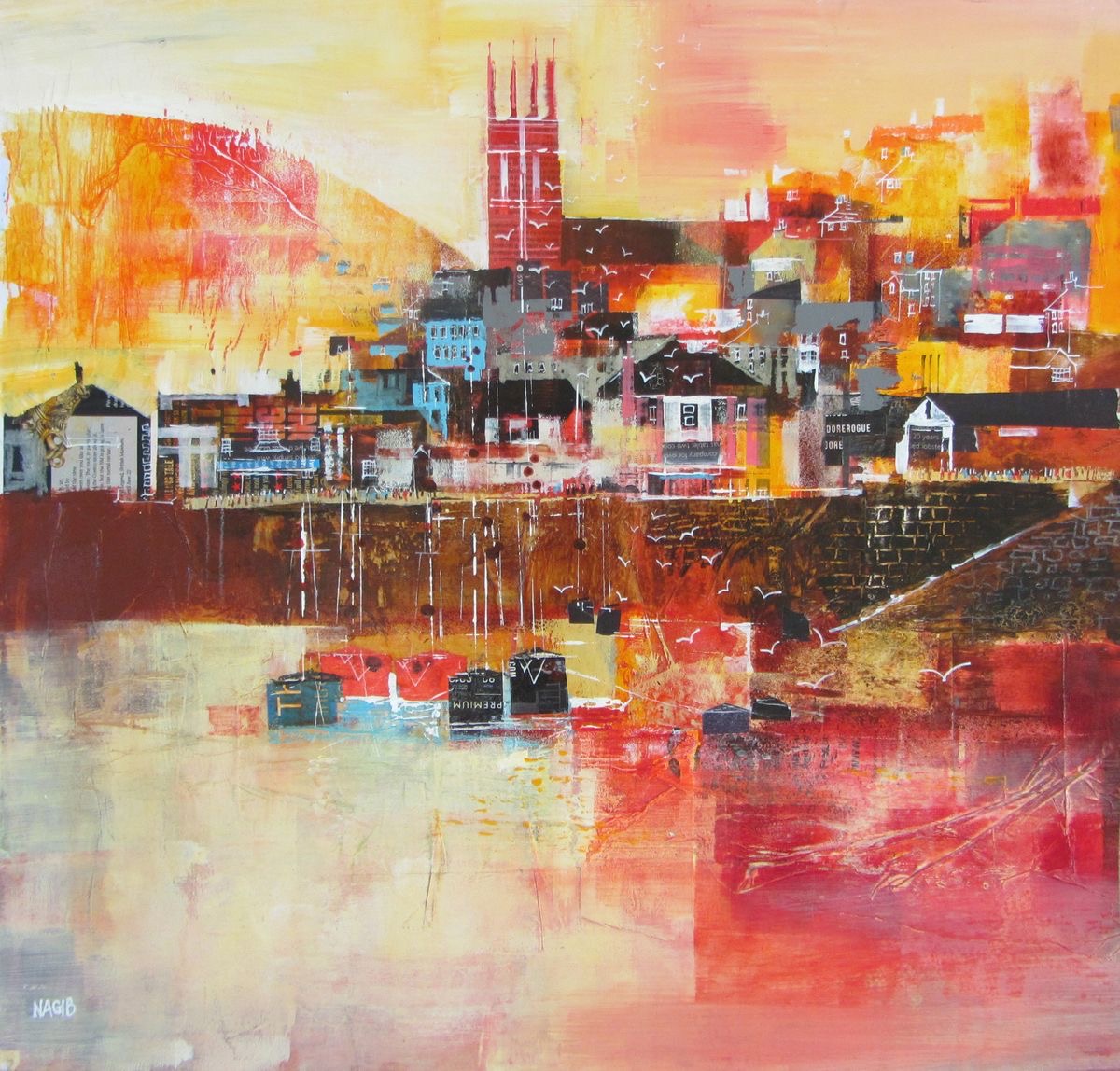 Abstract painting of coastal town with harbor, boats, and church tower in warm orange and pink tones