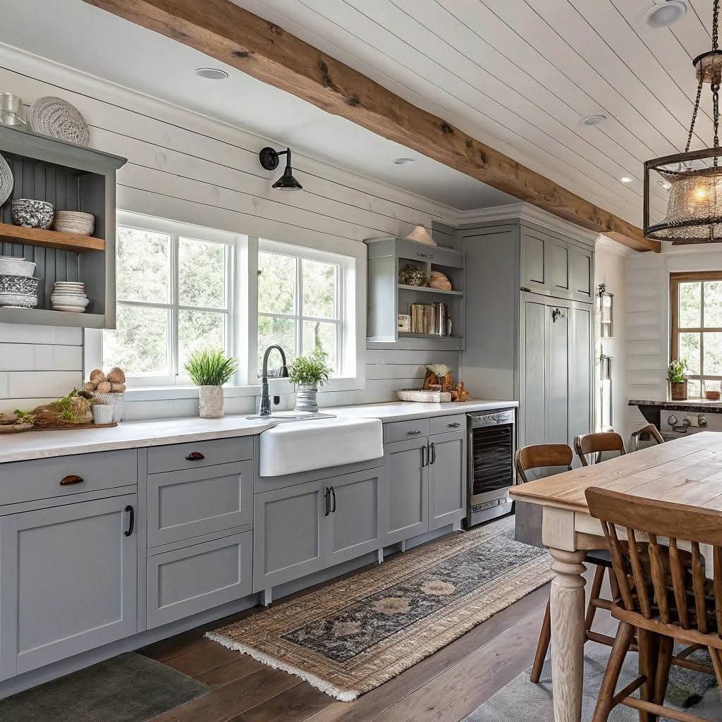 Spacious farmhouse kitchen with gray cabinets, white counters, exposed beams, and wooden dining table