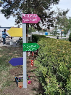 Colorful wooden directional arrow signs with Turkish text on a white post in a green park setting