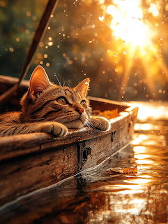 Tabby cat lying in wooden boat on water at sunset with golden light and reflections