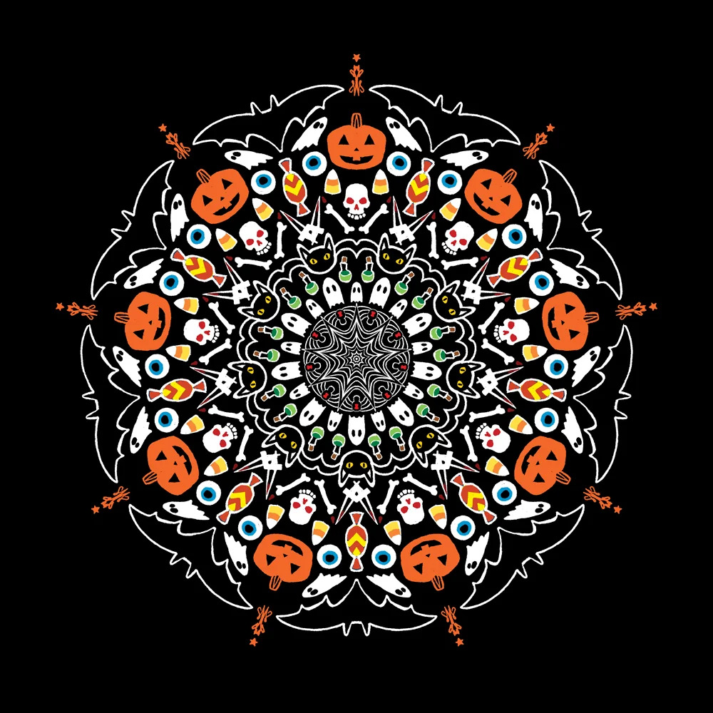 Symmetrical Halloween mandala with pumpkins, skulls, and bats arranged in circular pattern on black background
