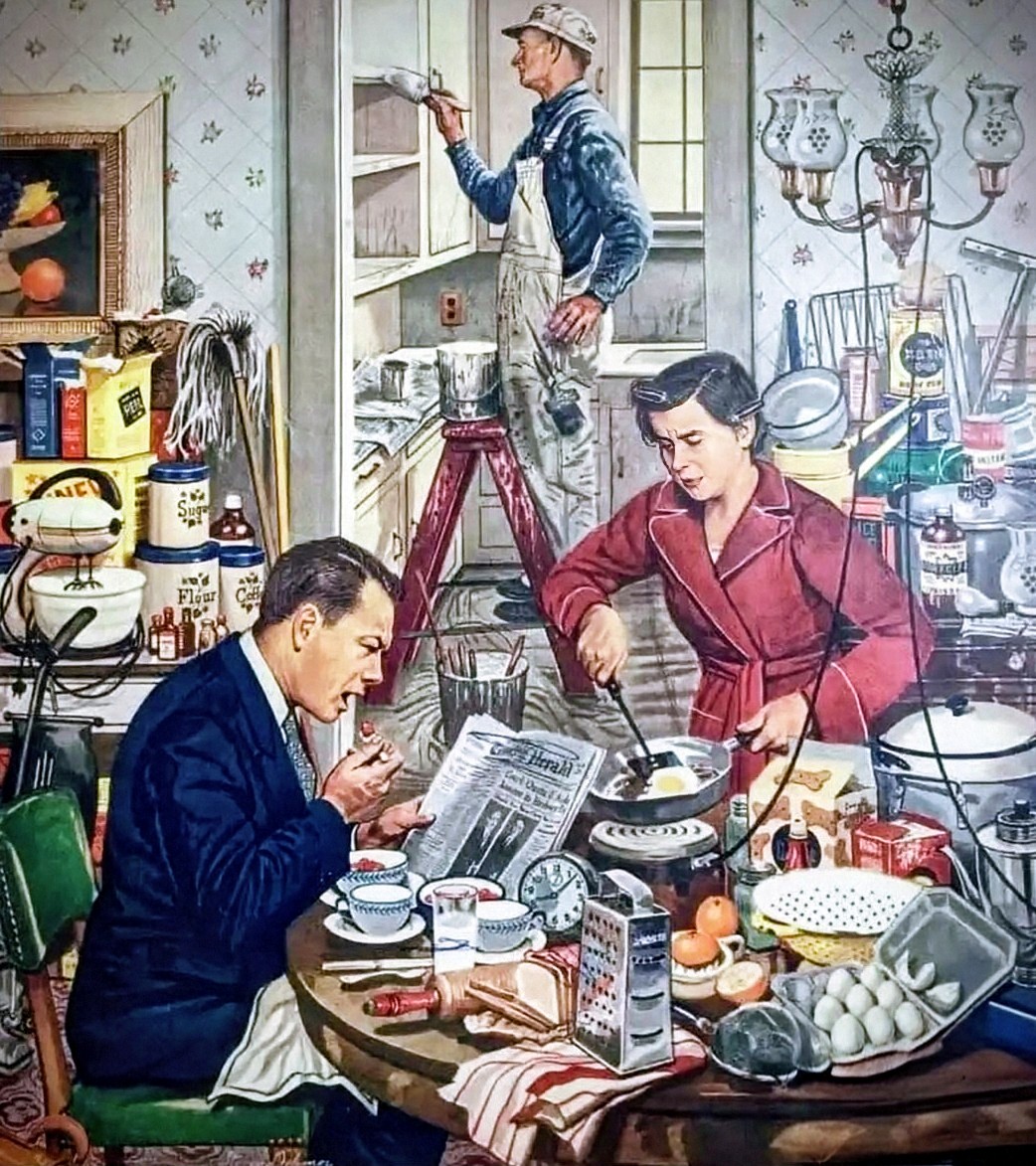 Vintage illustration of a couple at breakfast table while a house painter works on a ladder in their kitchen