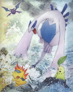 Lugia rises from ocean waves with smaller Pokemon in watercolor illustration