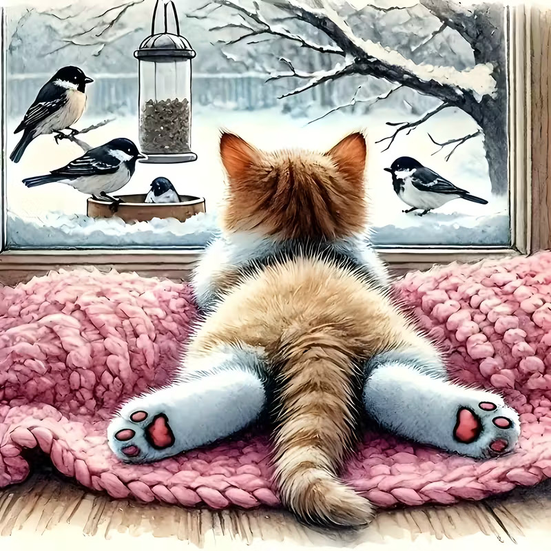 Fluffy kitten on a pink blanket looking out a window at birds in a snowy winter scene