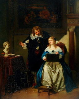 Oil painting showing a drawing lesson with instructor and female student in period dress, classical sculpture visible