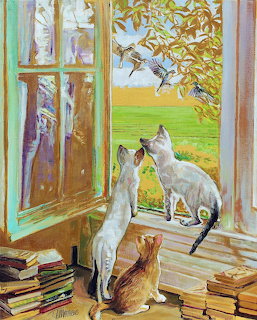 Painting of three cats by an open window watching birds, with stacks of books nearby