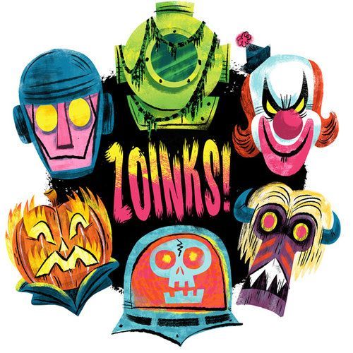 Colorful cartoon Halloween faces and masks around the word Zoinks