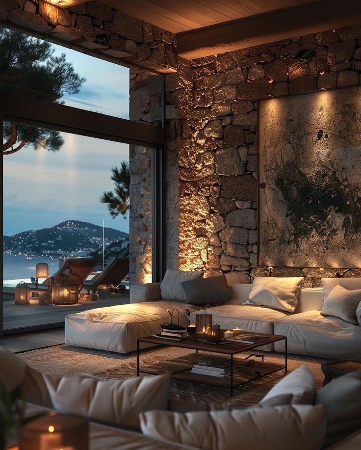 Modern living room with sofa, coffee table and warm lighting