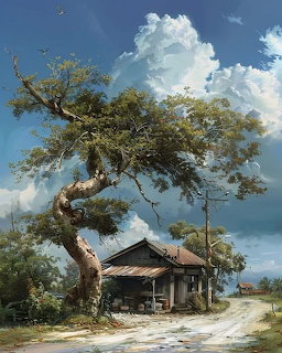 Painting of a rustic cottage under a large windswept tree beside a dirt path