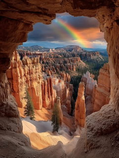 Rainbow over Bryce Canyon hoodoos seen through a natural rock arch frame