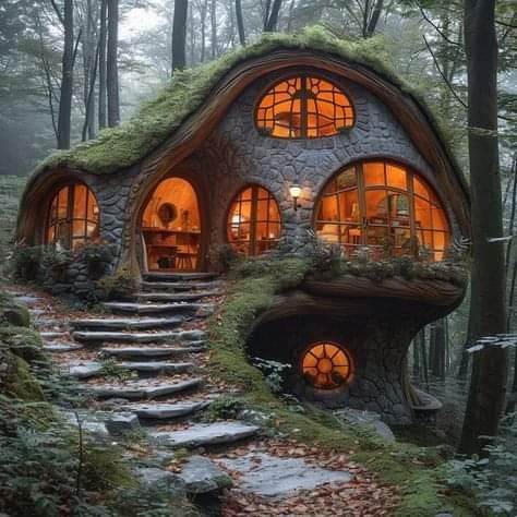 Fairytale moss-covered cottage with glowing round windows and stone steps in a foggy forest