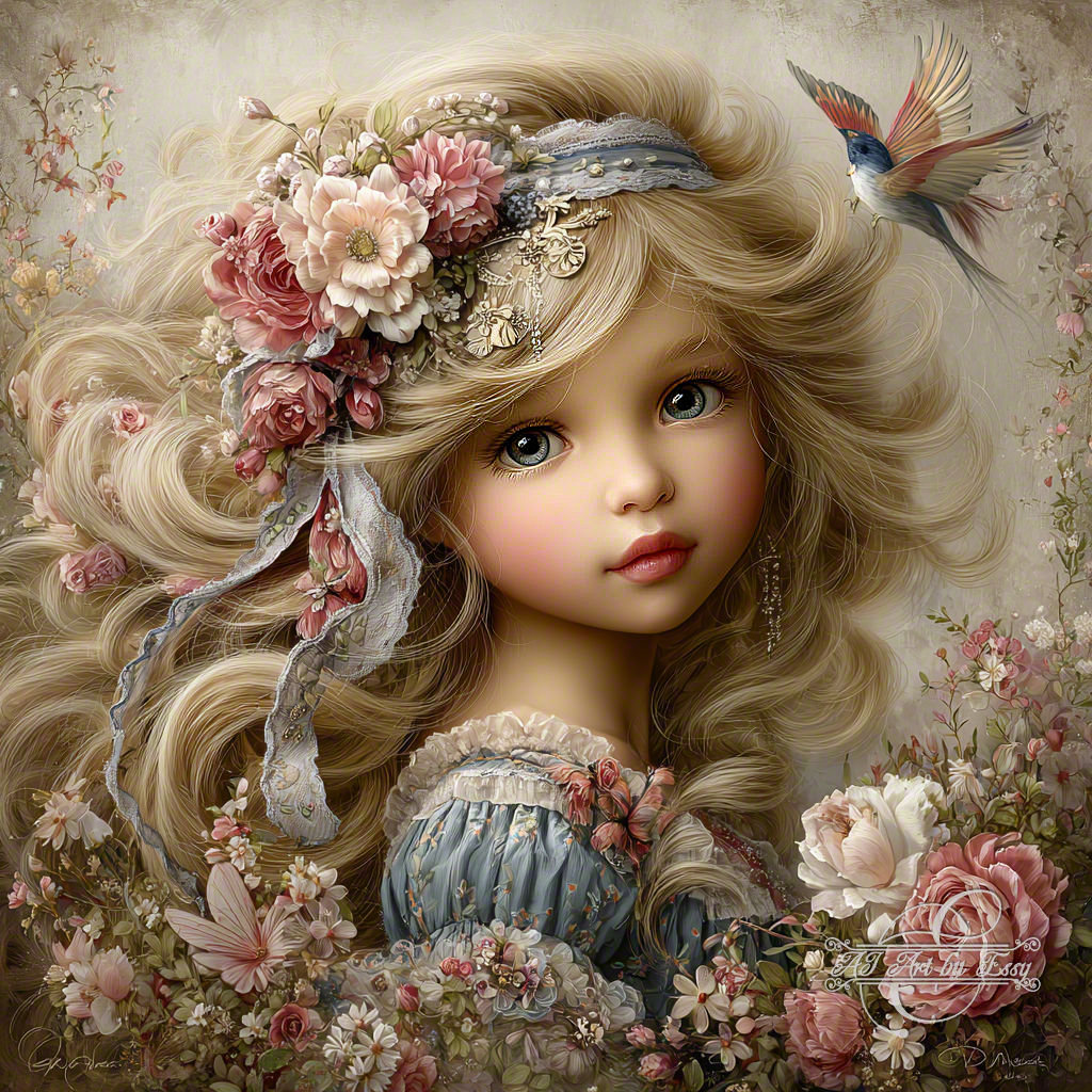 Illustrated young girl with blonde hair, floral headpiece, and pink roses in a soft vintage style