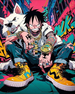 Anime boy Luffy crouching with white wolf in colorful urban graffiti setting