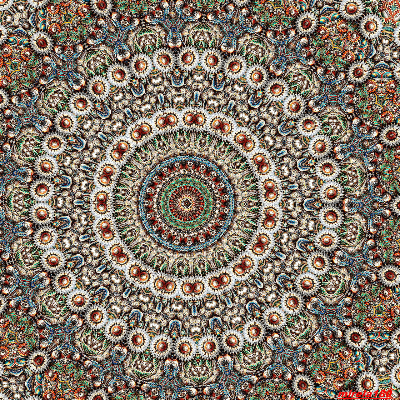 Detailed mandala with intricate floral and geometric patterns in beige, rust, and teal tones arranged in concentric circles