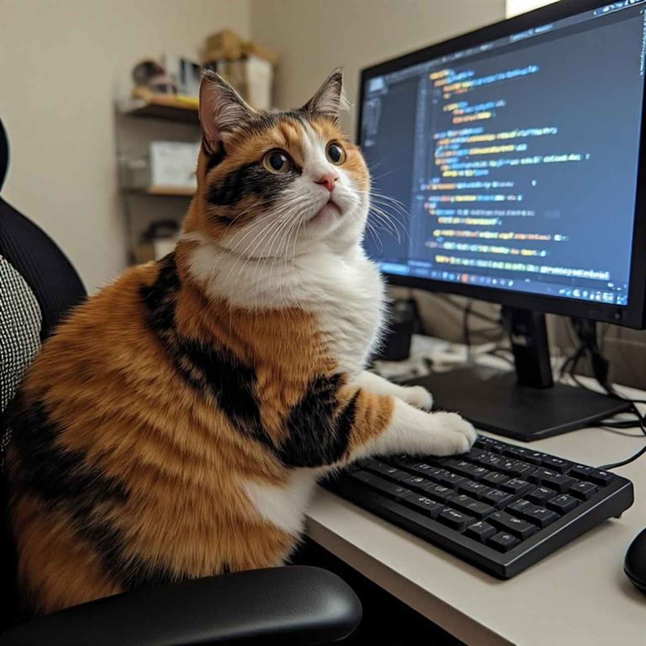 Calico cat sitting at a desk with paws on a keyboard next to a monitor displaying code