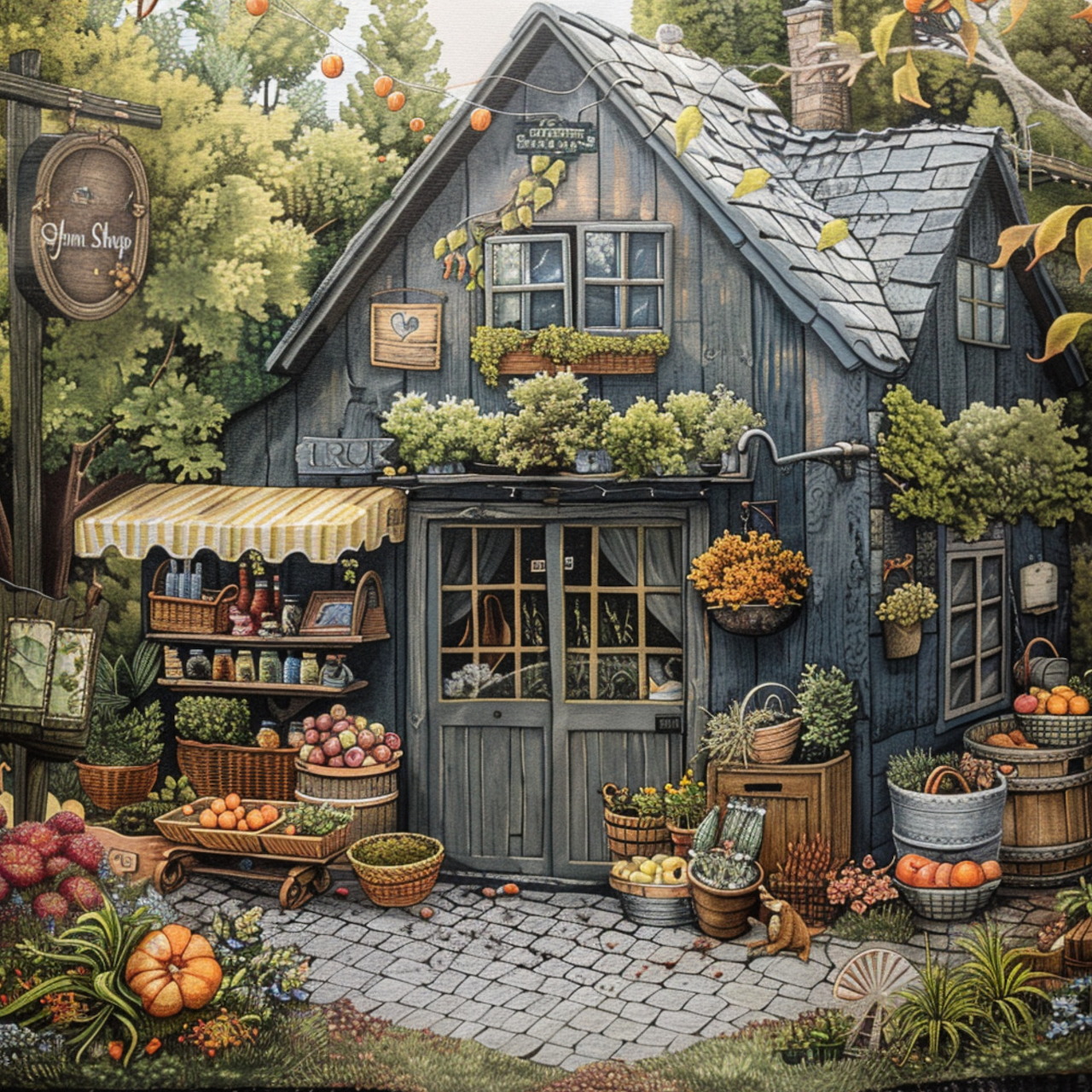 Rustic gray wooden farm store with pumpkins, flowers, and autumn decorations on cobblestone patio