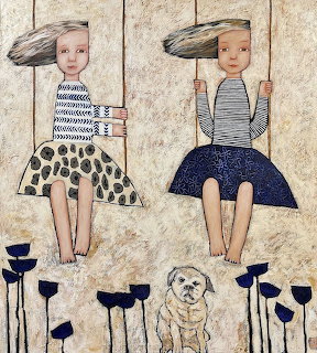 Illustration of two girls on swings with a small dog and dark blue flowers on a beige textured background