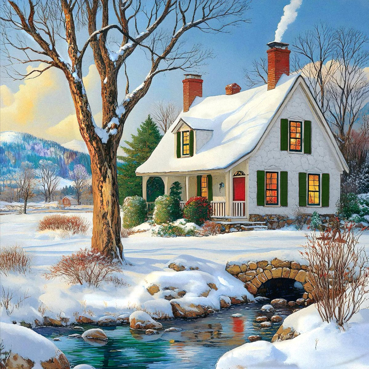 White cottage with green shutters next to a snowy stream in winter, surrounded by bare trees and snow-covered ground